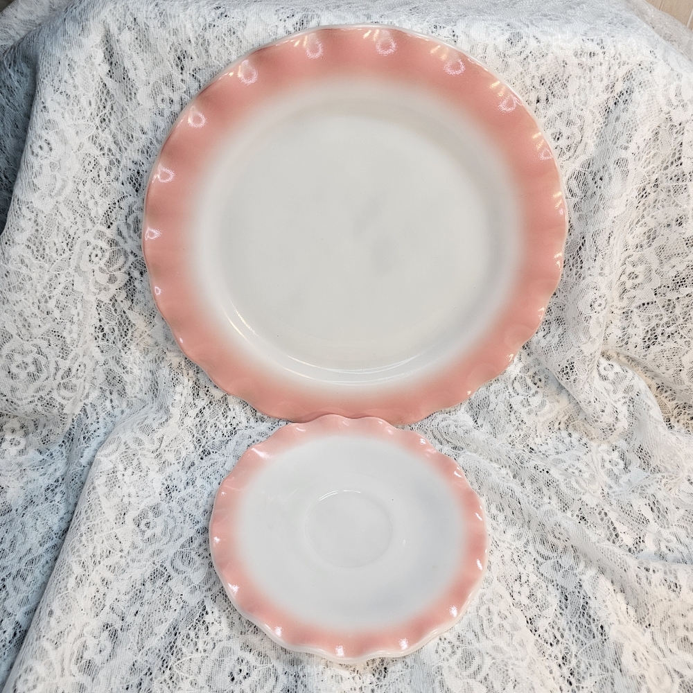 Hazel Atlas • Pink Crinoline • Diner Plate & Saucer • Pink & White • Vintage